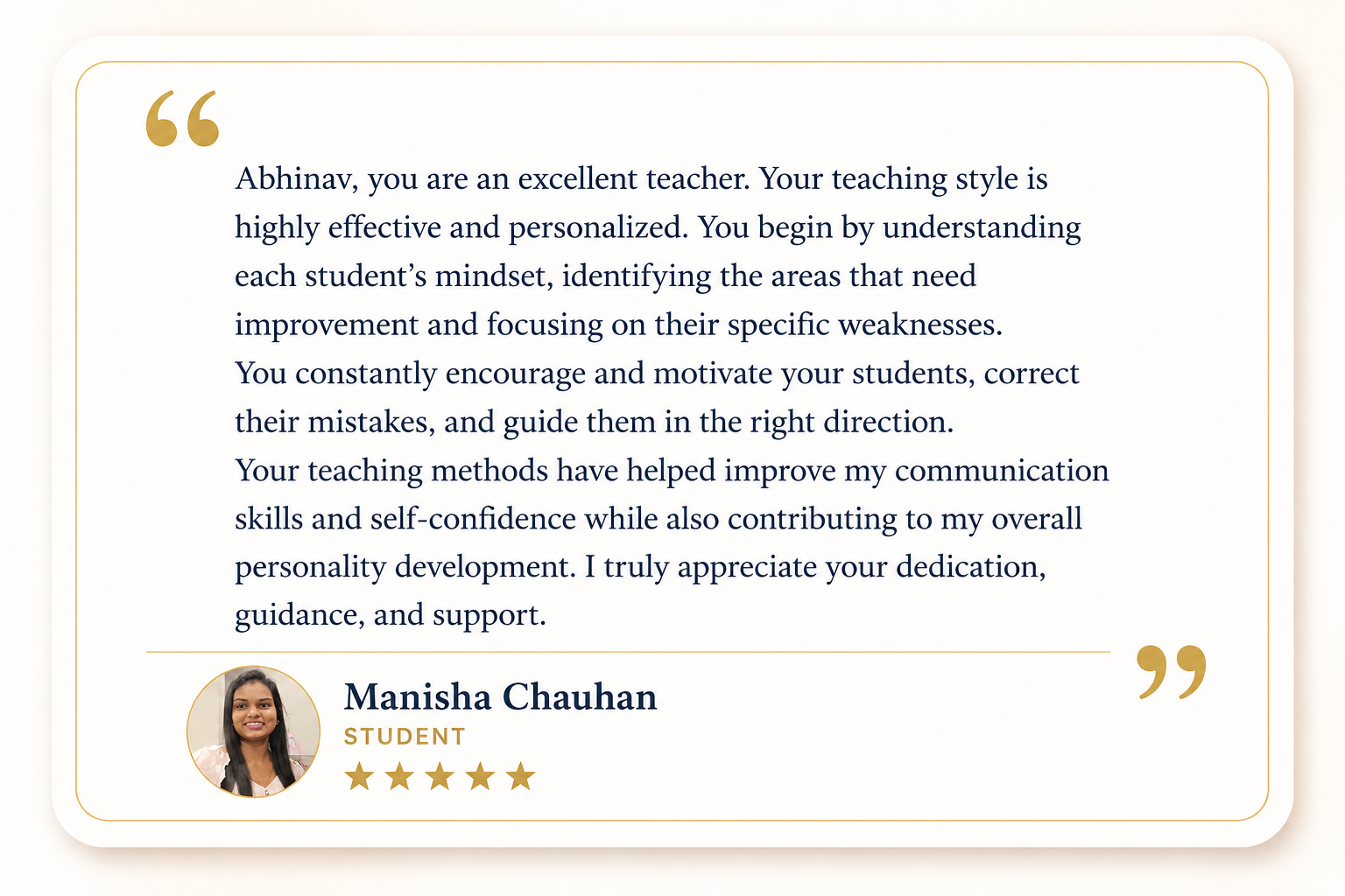 Review from Manisha Chauhan, Working Professional